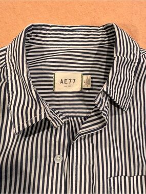 AE 77 Premium Collection Navy and White Striped Button-Down Shirt.